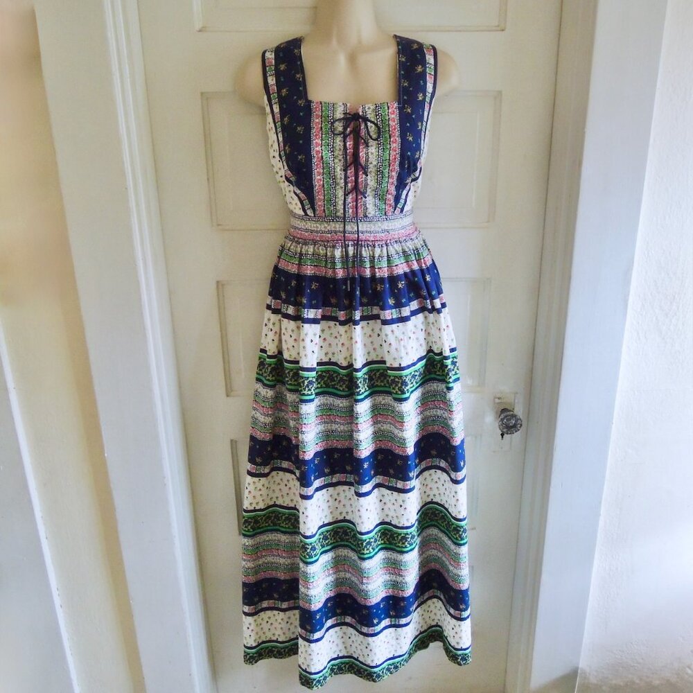 Vintage Loungees 60s 70s Dirndl Style Corset Front Maxi Dress 8
